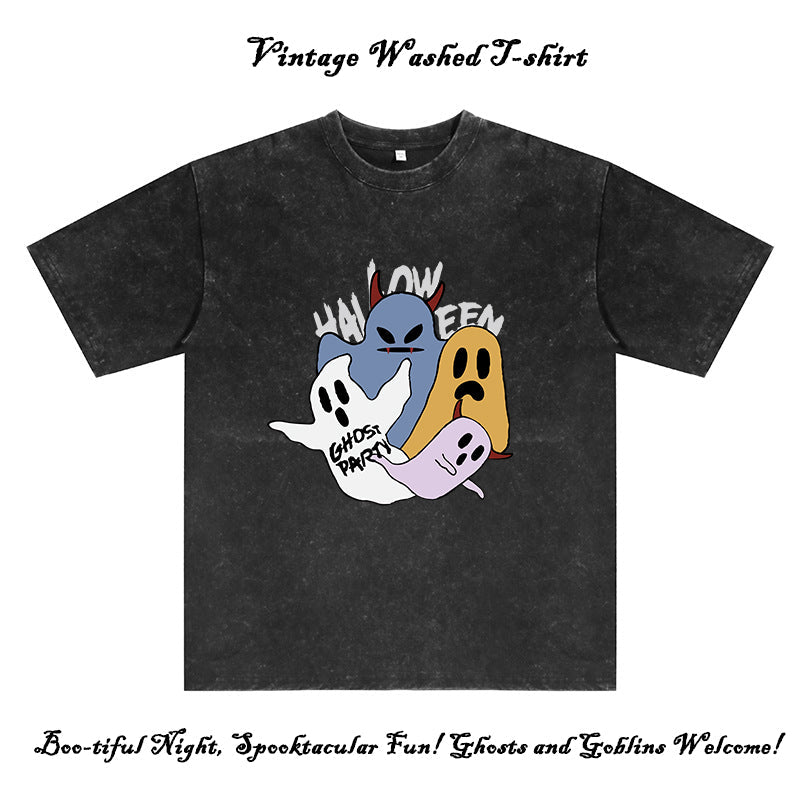 Spooktacular Fun Ghosts Print Men's Washed Black Color Tee