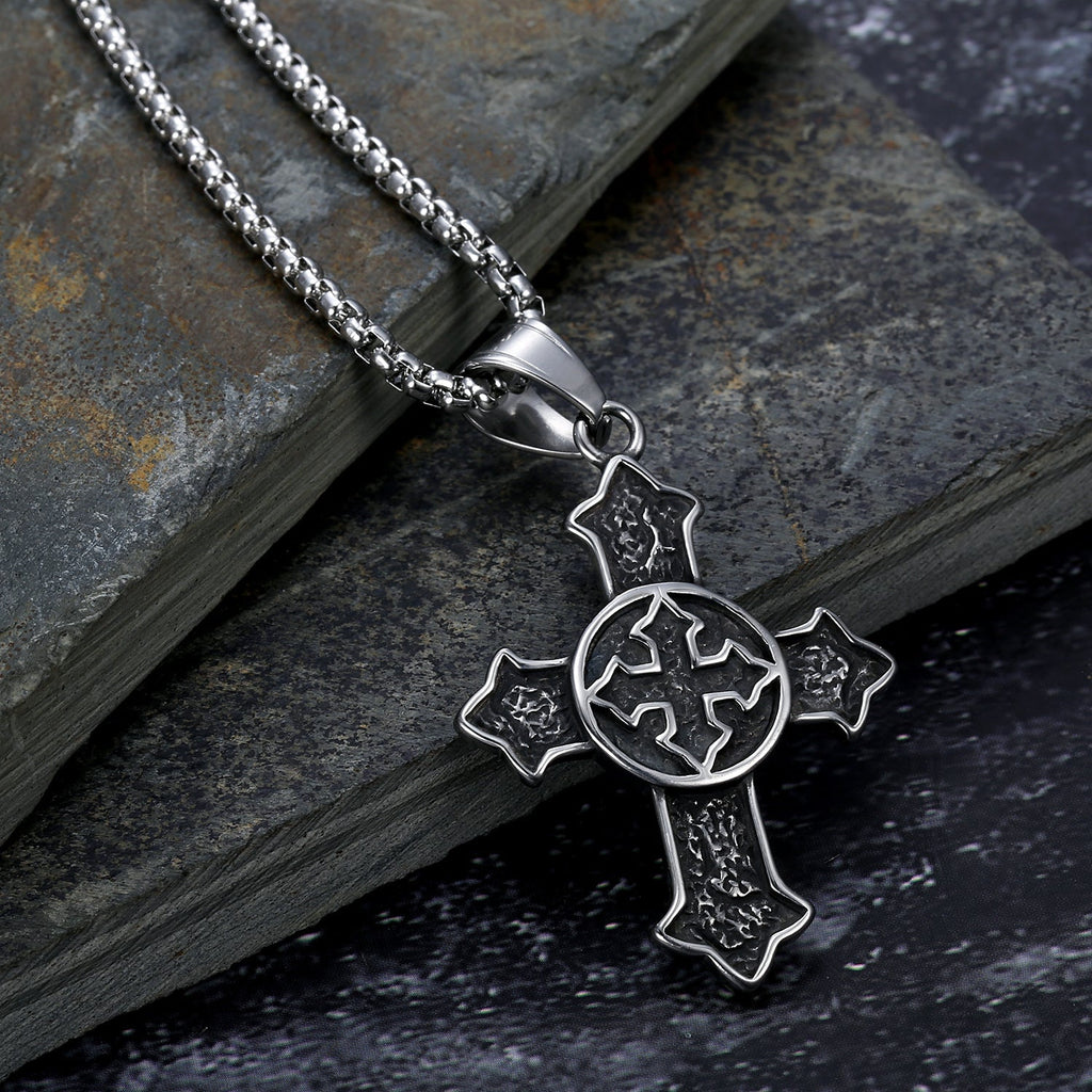 Vintage Medieval Knight Men's Cross Pendant Stainless Steel Necklace