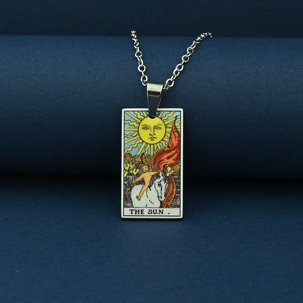 Vintage Tarot Card Necklace – Stainless Steel Tarot Pendant with Color Printed Arcana Design