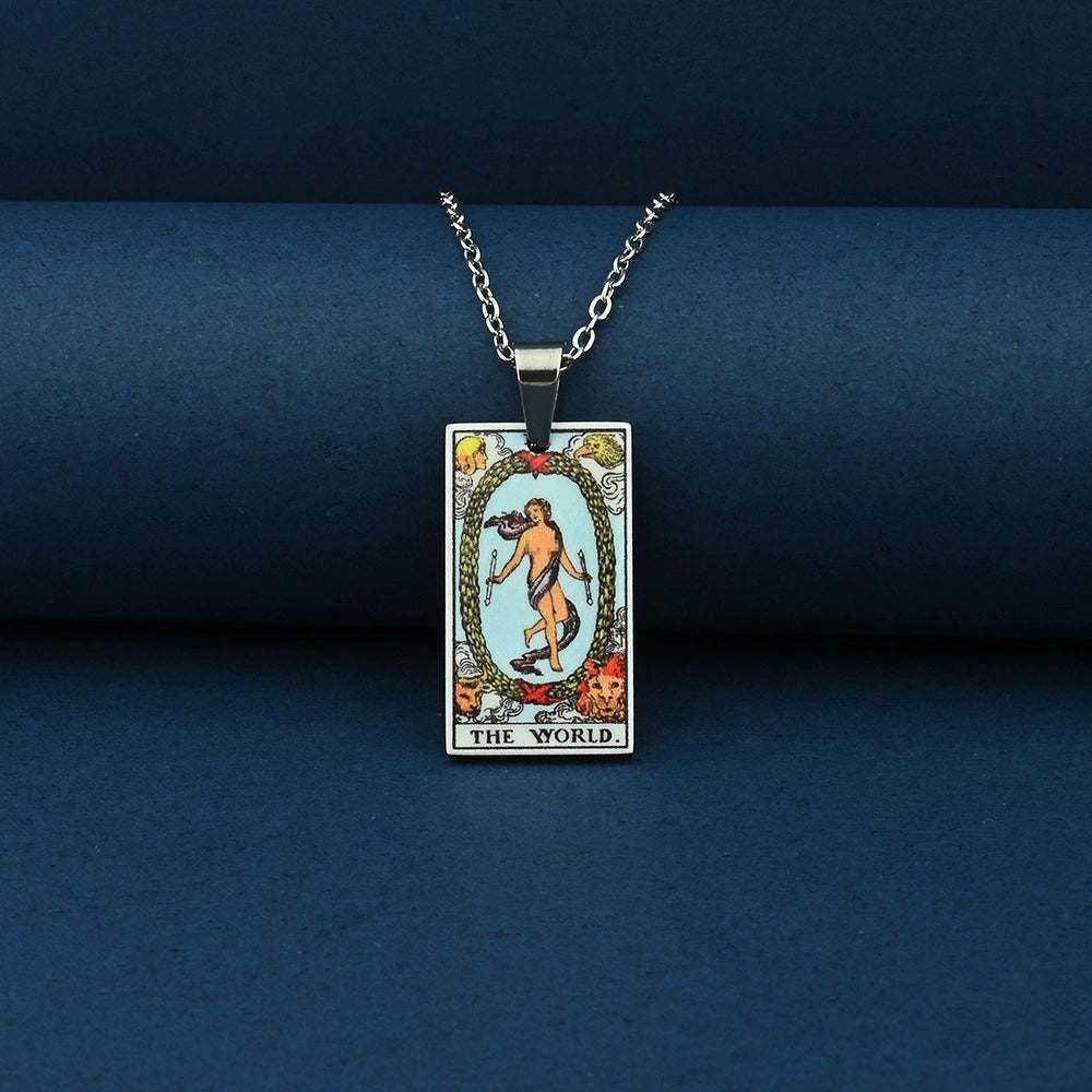 Vintage Tarot Card Necklace – Stainless Steel Tarot Pendant with Color Printed Arcana Design