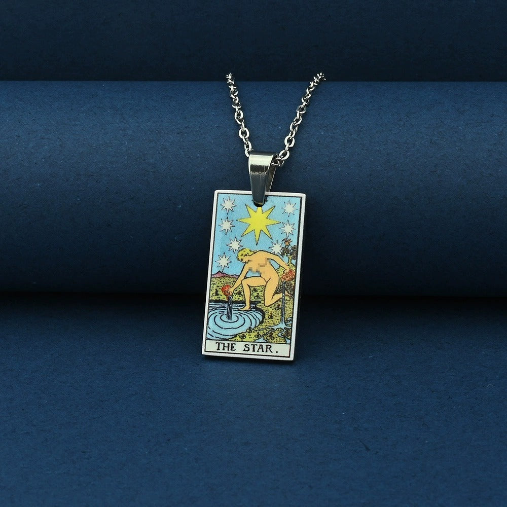 Vintage Tarot Card Necklace – Stainless Steel Tarot Pendant with Color Printed Arcana Design