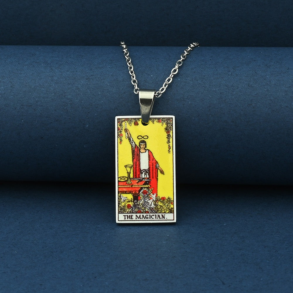 Vintage Tarot Card Necklace – Stainless Steel Tarot Pendant with Color Printed Arcana Design