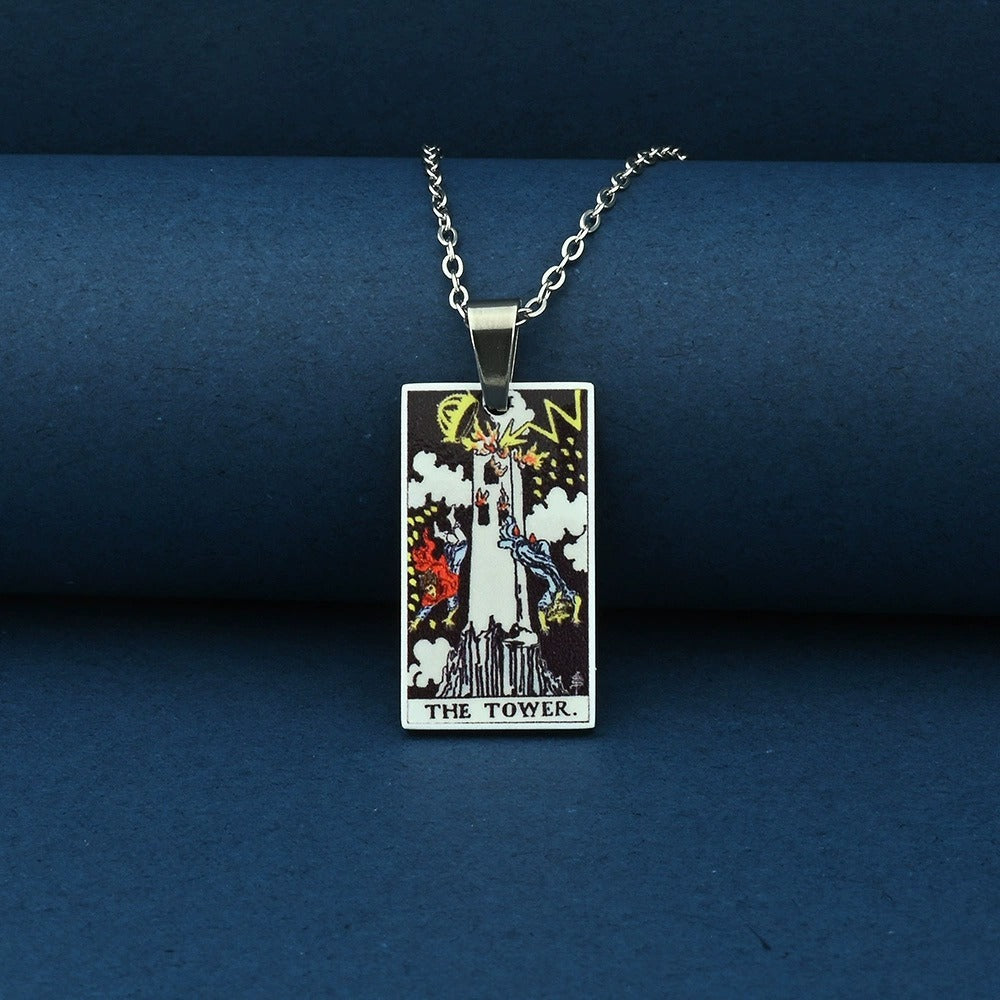 Vintage Tarot Card Necklace – Stainless Steel Tarot Pendant with Color Printed Arcana Design